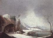 unknow artist A winter landscpae with travellers gathered aroubnd a fire in a grotto,overlooding a lake,a monastery beyond oil on canvas